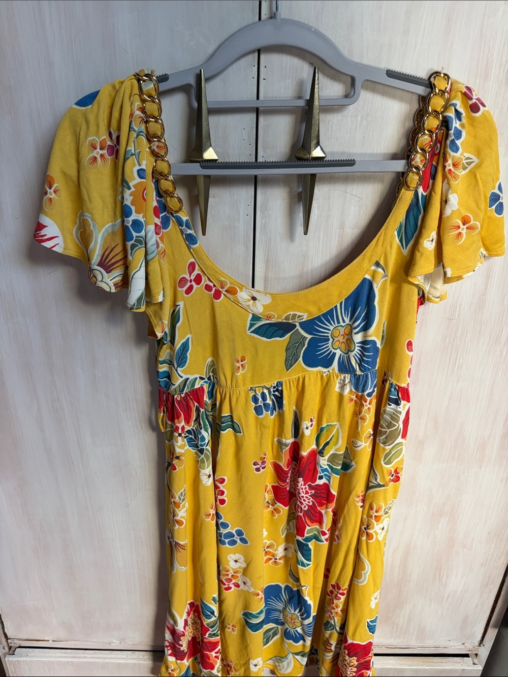 D&G Yellow Floral Scoop-Neck Tunic with Chain-Accent Sleeves